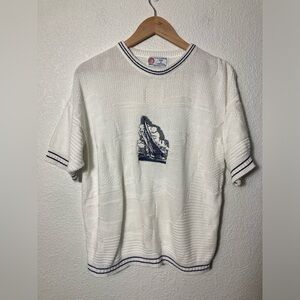 Isle of Cotton Ladies Medium white crewneck sweater navy blue trim ship boat USA